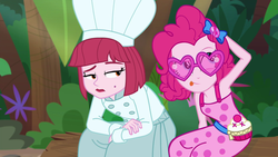 Size: 1920x1080 | Tagged: safe, screencap, pinkie pie, puffed pastry, equestria girls, equestria girls specials, g4, my little pony equestria girls: better together, my little pony equestria girls: spring breakdown, chef, chef's hat, duo, duo female, female, glasses, hat, heart shaped glasses, sleeveless, tongue out