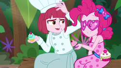 Size: 1920x1080 | Tagged: safe, screencap, pinkie pie, puffed pastry, equestria girls, equestria girls series, g4, spring breakdown, spoiler:eqg series (season 2), chef's hat, duo, duo female, female, geode of sugar bombs, hat, magical geodes, sleeveless