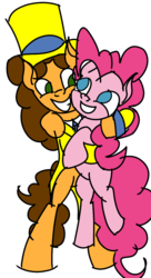Size: 651x1200 | Tagged: safe, artist:treble clefé, cheese sandwich, pinkie pie, earth pony, pony, g4, the last laugh, bipedal, clothes, female, hat, hug, male, ship:cheesepie, shipping, straight, suit, top hat