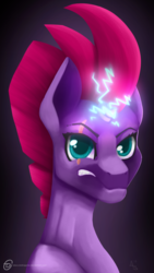 Size: 1080x1920 | Tagged: safe, artist:obscuredragone, fizzlepop berrytwist, tempest shadow, pony, unicorn, g4, my little pony: the movie, angry, antagonist, badass, broken horn, dark, female, horn, light, looking at you, magic, movie, photo, purple fur, red mane, shadow, solo, sparkles, staring at you