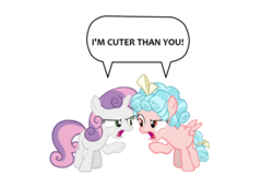 Size: 1280x820 | Tagged: safe, artist:lunaticdawn, cozy glow, sweetie belle, pegasus, pony, unicorn, g4, argument, duo, female, filly, freckles, pointing, simple background, speech bubble, transparent background, underhoof, vector