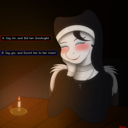 Size: 3000x3000 | Tagged: safe, artist:rarityismywaifu, oc, oc only, oc:lamika, pegasus, anthro, blushing, candle, candlelight, candlelight dinner, chains, clothes, cross, cyoa, dialogue, dinner, eyes closed, eyeshadow, female, freckles, high res, jewelry, lipstick, makeup, mare, nun, pegasus oc, poll, smiling, solo, story included, table, text, wings
