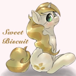 Size: 1536x1536 | Tagged: safe, artist:kurogewapony, sweet biscuit, pony, unicorn, g4, adorabiscuit, blushing, cute, female, looking at you, mare, simple background, sitting, smiling, solo, text, white background