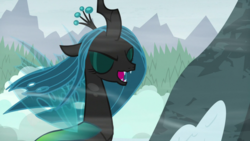 Size: 1920x1080 | Tagged: safe, screencap, queen chrysalis, changeling, changeling queen, frenemies (episode), g4, eyes closed, female, solo, wind, windswept mane