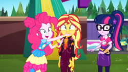 Size: 1914x1080 | Tagged: safe, screencap, pinkie pie, sci-twi, sunset shimmer, twilight sparkle, equestria girls, equestria girls series, sunset's backstage pass!, spoiler:eqg series (season 2), cheek squish, face grab, female, geode of empathy, geode of sugar bombs, geode of telekinesis, glasses, happy, magical geodes, music festival outfit, open mouth, pinkie being pinkie, ponytail, shrunken pupils, smiling, squishy cheeks, trio, wristband