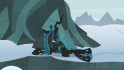Size: 1920x1080 | Tagged: safe, screencap, queen chrysalis, changeling, changeling queen, frenemies (episode), g4, eyes closed, female, prone, solo