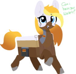 Size: 861x838 | Tagged: safe, artist:nootaz, oc, oc only, oc:looty, object pony, original species, pony, dialogue, female, loot box, mare, open mouth, ponified, raised hoof, simple background, smiling, solo, transparent background