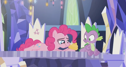 Size: 1600x860 | Tagged: safe, screencap, pinkie pie, spike, g4, the last laugh, cupcake, cutie map, eating, food, plastic, surprised, twilight's castle