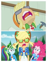 Size: 3106x4096 | Tagged: safe, edit, screencap, applejack, pinkie pie, rainbow dash, accountibilibuddies, constructive criticism, equestria girls, g4, my little pony equestria girls: choose your own ending, aaugh!, comparison, geode of sugar bombs, geode of super strength, hammer, magical geodes, ouch, pain