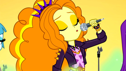 Size: 1914x1080 | Tagged: safe, screencap, adagio dazzle, aria blaze, sonata dusk, equestria girls, equestria girls specials, g4, my little pony equestria girls: better together, my little pony equestria girls: sunset's backstage pass, clothes, eyes closed, female, green smoke, jacket, microphone, offscreen character, singing, spiked wristband, the dazzlings, wristband