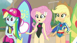 Size: 1280x720 | Tagged: safe, artist:marcorulezzz, edit, edited screencap, editor:slayerbvc, screencap, applejack, fluttershy, rainbow dash, blue crushed, equestria girls, g4, my little pony equestria girls: better together, applejack's beach shorts swimsuit, beach, beach shorts swimsuit, board shorts, cap, clothes, fluttershy's beach shorts swimsuit, fluttershy's one-piece swimsuit, geode of empathy, geode of shielding, geode of sugar bombs, geode of super speed, geode of super strength, geode of telekinesis, hat, magical geodes, one-piece swimsuit, rainbow dash's beach shorts swimsuit, rash guard, shorts, sports bra, sports shorts, surfboard, swimming trunks, swimsuit, swimsuit edit
