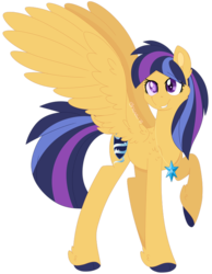 Size: 600x775 | Tagged: safe, artist:traveleraoi, oc, oc only, oc:nova star sparkle, pegasus, pony, blind, colored pupils, cutie mark, element of magic, feathered fetlocks, hooves, jewelry, looking at you, necklace, next generation, offspring, parent:flash sentry, parent:twilight sparkle, parents:flashlight, raised hoof, shoulder feathers, signature, simple background, smiling, solo, tail feathers, transparent background, wings
