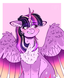 Size: 768x942 | Tagged: safe, artist:wanderingpegasus, twilight sparkle, alicorn, pony, g4, cheek fluff, chest fluff, colored wings, ear fluff, female, floppy ears, multicolored wings, simple background, solo, twilight sparkle (alicorn), wings