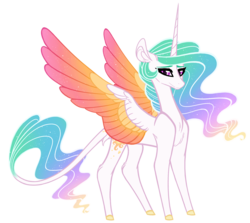 Size: 1600x1429 | Tagged: safe, artist:australian-senior, princess celestia, alicorn, pony, kirindos, g4, alternate universe, chest fluff, colored hooves, colored wings, colored wingtips, ethereal mane, female, gradient wings, leonine tail, looking at you, mare, multicolored wings, simple background, smiling, solo, sparkles, standing, transparent background, wings