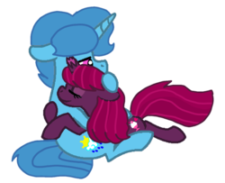 Size: 1271x1034 | Tagged: safe, alternate version, artist:徐詩珮, fizzlepop berrytwist, spring rain, tempest shadow, pony, unicorn, g4, background removed, base used, broken horn, eyes closed, female, horn, hug, lesbian, mare, ship:springshadow, shipping, simple background, transparent background