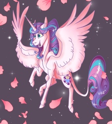 Size: 2215x2450 | Tagged: safe, artist:finchina, princess flurry heart, alicorn, pony, g4, adult flurry heart, cherry blossoms, female, flower, flower blossom, flying, high res, hoers, leonine tail, older, older flurry heart, petals, smiling, solo, spread wings, wings