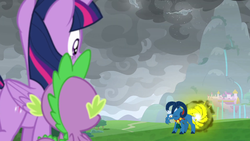 Size: 1904x1077 | Tagged: safe, edit, edited screencap, screencap, grogar, spike, twilight sparkle, alicorn, dragon, pony, sheep, windigo, g4, the ending of the end, leak, destroyed, destroyed building, female, grogar's bell, male, mare, portal, ram, ruins of canterlot, series finale, the end, the end is neigh, twilight sparkle (alicorn), winged spike, wings
