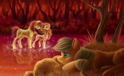 Size: 1280x789 | Tagged: safe, artist:bakud, applejack, bright mac, pear butter, earth pony, pony, g4, crying, forest, lake, memories, prone, reflection, sad, signature
