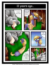 Size: 1024x1336 | Tagged: safe, artist:manella-art, oc, oc:lania, earth pony, pony, comic:the lost memory of lania, axe, male, mouth hold, rock, stallion, stuck, tail, tree, weapon