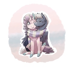Size: 1637x1536 | Tagged: safe, artist:mad-maker-cat, oc, oc only, pegasus, pony, unicorn, clothes, female, kissing, male, mare, scarf, shared clothing, shared scarf, stallion