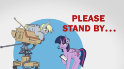 Size: 955x535 | Tagged: safe, artist:shouldbedrawing, derpy hooves, twilight sparkle, alicorn, pegasus, pony, ponies the anthology vii, g4, camera, clipboard, female, headphones, headset, mare, please stand by, technical difficulties, twilight sparkle (alicorn), unamused