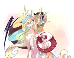 Size: 1787x1404 | Tagged: safe, artist:iheyyasyfox, discord, princess celestia, pony, g4, alternate hairstyle, curved horn, female, horn, male, ship:dislestia, shipping, straight, two toned wings, wings