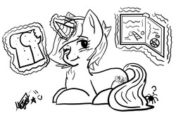Size: 800x600 | Tagged: safe, artist:max rider, oc, oc only, oc:stellar dust, pony, unicorn, black and white, book, bread, chest fluff, dark magic, eating, female, food, glowing horn, grayscale, horn, levitation, lineart, magic, mare, monochrome, original, prone, signature, simple background, sketch, solo, telekinesis, white background