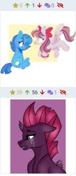 Size: 471x1080 | Tagged: safe, artist:silly pony doodles, angel wings, fizzlepop berrytwist, spring rain, tempest shadow, pegasus, pony, unicorn, derpibooru, g4, crack shipping, crying, female, implied lesbian, implied shipping, implied springshadow, juxtaposition, lesbian, love triangle, mare, meta, ship:springshadow, shipping, simple background, springwings