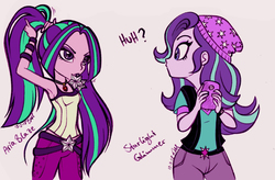 Size: 2234x1469 | Tagged: safe, artist:nadairead, aria blaze, starlight glimmer, equestria girls, g4, armpits, beanie, cellphone, clothes, confused, hat, phone, sleeveless, smartphone, tank top