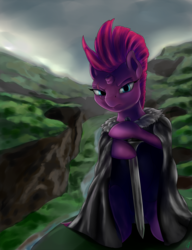 Size: 1533x2000 | Tagged: safe, artist:com3tfire, tempest shadow, pony, unicorn, g4, my little pony: the movie, bipedal, broken horn, cloak, clothes, eddard stark, game of thrones, horn, parody, sword, weapon, winter is coming
