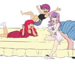 Size: 1383x1185 | Tagged: safe, artist:chango-tan, color edit, edit, apple bloom, scootaloo, sweetie belle, human, g4, armpits, barefoot, bed, clothes, colored, cutie mark crusaders, feet, female, humanized, jumping on the bed, light skin, looking at you, midair, midriff, nightgown, one eye closed, open mouth, pajamas, peace sign, pillow, plushie, prone, shorts, simple background, sitting, slippers, smiling, socks, tan, tank top, the ass was fat, tongue out, transparent background, wink