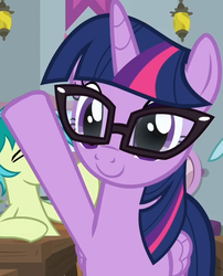 Size: 519x641 | Tagged: safe, screencap, ocellus, sandbar, twilight sparkle, alicorn, earth pony, pony, equestria hills 90210, g4, adorkable, beverly hills 90210, bored, cropped, cute, dork, female, glasses, i can't believe it's not sci-twi, male, mare, offscreen character, parody, raised hoof, smiling, solo focus, twiabetes, twilight sparkle (alicorn)