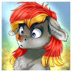 Size: 4200x4200 | Tagged: safe, artist:gaelledragons, oc, oc only, oc:arian blaze, butterfly, pony, :<, bust, commission, floppy ears, lepidopterophobia, scared, solo, wide eyes