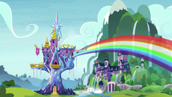 Size: 1920x1080 | Tagged: safe, screencap, rainbow dash, pegasus, pony, g4, the last laugh, female, flying, hill, mare, rainbow trail, school of friendship, solo, speed trail, twilight's castle, waterfall