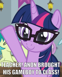Size: 519x641 | Tagged: safe, edit, edited screencap, screencap, ocellus, sandbar, twilight sparkle, alicorn, earth pony, pony, equestria hills 90210, g4, adorkable, beverly hills 90210, bored, caption, cropped, cute, dialogue, dork, equestria girls ponified, female, game boy, gif, glasses, i can't believe it's not sci-twi, image macro, implied anon, male, mare, non-animated gif, offscreen character, parody, ponified, raised hoof, smiling, snitch, solo focus, tattletale, text, twiabetes, twilight sparkle (alicorn), video game