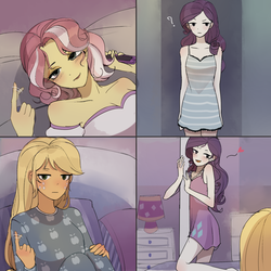 Size: 1800x1800 | Tagged: safe, artist:tcn1205, applejack, rarity, vignette valencia, human, equestria girls, equestria girls series, g4, adorasexy, bed, bedroom, blushing, clothes, cute, female, jackabetes, lesbian, pajamas, question mark, raribetes, rarignette, sexy, ship:rarijack, shipping, valenciadorable