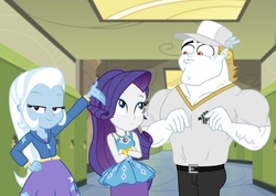 Size: 1164x827 | Tagged: safe, screencap, bulk biceps, rarity, trixie, equestria girls, g4, my little pony equestria girls: choose your own ending, sock it to me, canterlot high, female, geode of shielding, hallway, hat, lockers, magical geodes, male, vein