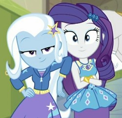 Size: 552x535 | Tagged: safe, screencap, rarity, trixie, equestria girls, g4, my little pony equestria girls: choose your own ending, sock it to me, canterlot high, cropped, duo focus, female, geode of shielding, magical geodes