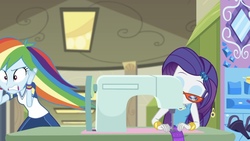 Size: 1462x827 | Tagged: safe, screencap, rainbow dash, rarity, equestria girls, g4, my little pony equestria girls: choose your own ending, sock it to me, sock it to me: rarity, bracelet, canterlot high, female, frustrated, geode of shielding, glasses, hallway, impatient, jewelry, lockers, magical geodes, rainbow dash is not amused, rarity's glasses, sewing, sewing machine, sock, unamused