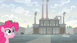 Size: 1920x1080 | Tagged: safe, screencap, pinkie pie, earth pony, pony, g4, the last laugh, chimney, discovery family logo, factory, female, gag factory, mare, solo
