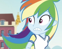 Size: 1046x827 | Tagged: safe, screencap, rainbow dash, equestria girls, g4, my little pony equestria girls: choose your own ending, sock it to me, sock it to me: rarity, choose rarity, female, grin, rainbow dash is best facemaker, shrunken pupils, smiling, solo, teeth
