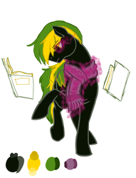 Size: 535x700 | Tagged: dead source, safe, oc, oc only, oc:vermont black, earth pony, pony, book, clothes, glowing eyes, glowing scarf, male, psychokinesis, reading, runes, scarf, solo, stallion