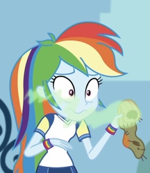 Size: 716x827 | Tagged: safe, screencap, rainbow dash, equestria girls, equestria girls series, g4, sock it to me, sock it to me: bulk biceps, spoiler:choose your own ending (season 2), spoiler:eqg series (season 2), disgusted, faic, female, foot odor, smelly, smelly sock, sock, solo, wavy mouth