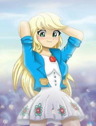 Size: 480x633 | Tagged: safe, artist:lovelygirlmusicer, applejack, equestria girls, equestria girls series, g4, sunset's backstage pass!, spoiler:eqg series (season 2), clothes, cute, female, hatless, jackabetes, loose hair, missing accessory, parachute dress, paraskirt, smiling, solo
