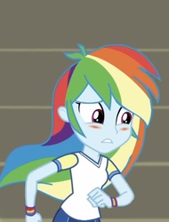 Size: 627x827 | Tagged: safe, screencap, rainbow dash, equestria girls, g4, my little pony equestria girls: choose your own ending, sock it to me, sock it to me: bulk biceps, blushing, embarrassed, female, solo