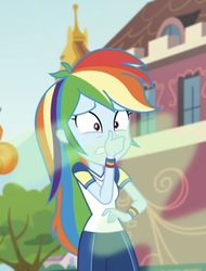 Size: 629x827 | Tagged: safe, screencap, rainbow dash, equestria girls, g4, my little pony equestria girls: choose your own ending, sock it to me, sock it to me: bulk biceps, cropped, female, foot odor, holding nose, not a fart, plugged nose, smelly, smelly sock, solo