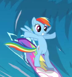 Size: 378x404 | Tagged: safe, screencap, rainbow dash, pegasus, pony, equestria hills 90210, g4, bipedal, cropped, female, grin, mare, smiling, solo, surfing, wave