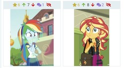 Size: 698x382 | Tagged: safe, rainbow dash, sunset shimmer, derpibooru, equestria girls, g4, my little pony equestria girls: better together, sock it to me, sock it to me: bulk biceps, geode of empathy, juxtaposition, magical geodes, meta