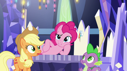 Size: 1920x1080 | Tagged: safe, screencap, applejack, pinkie pie, spike, dragon, pony, g4, the last laugh, twilight's castle, winged spike, wings