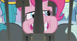 Size: 1366x740 | Tagged: safe, screencap, brick house, pinkie pie, tough break, pony, g4, the last laugh, gate, guard, keyhole, smiling, squeezing, squished